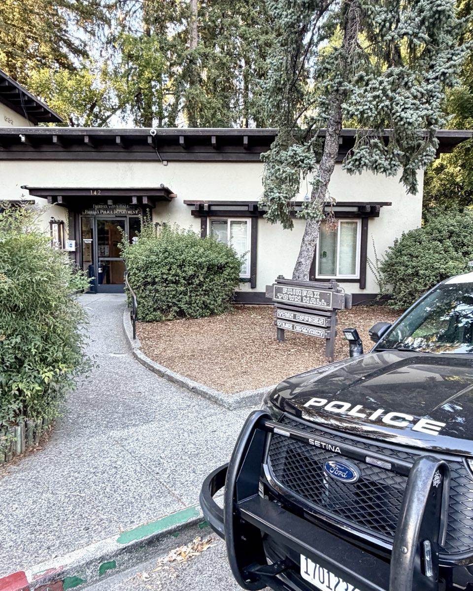 Fairfax Town Hall and Police Department, a low shingled building set among redwoods.